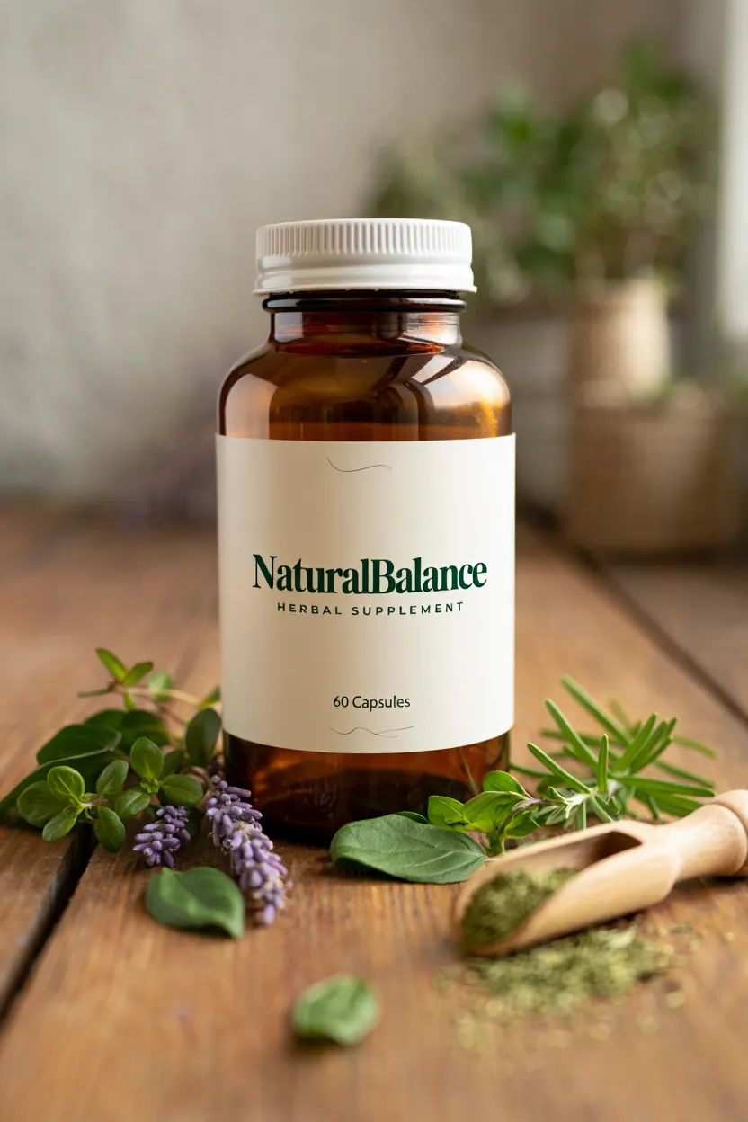 NaturalBalance supplement bottle with natural herbal ingredients displayed on a wooden surface with green leaves